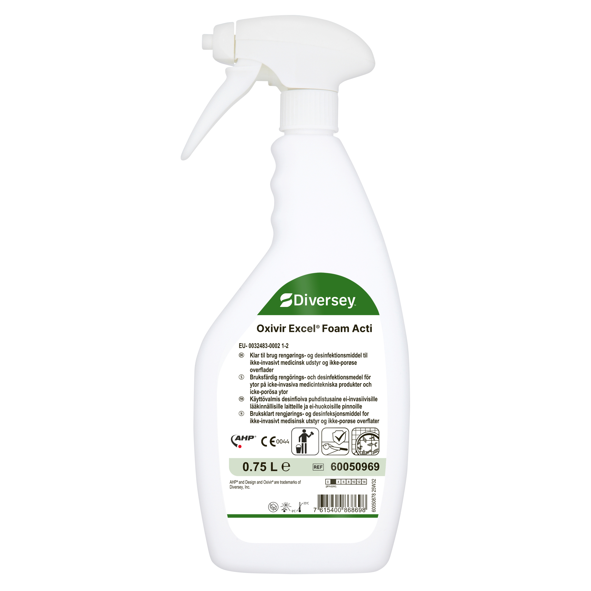 Oxivir Excel Foam Acti 6x0.75L - Klar-til-bruk rengjørings- og desinfeksjonsmiddel til harde overflater og for overflater på ikke-invasivt medisinsk utstyr