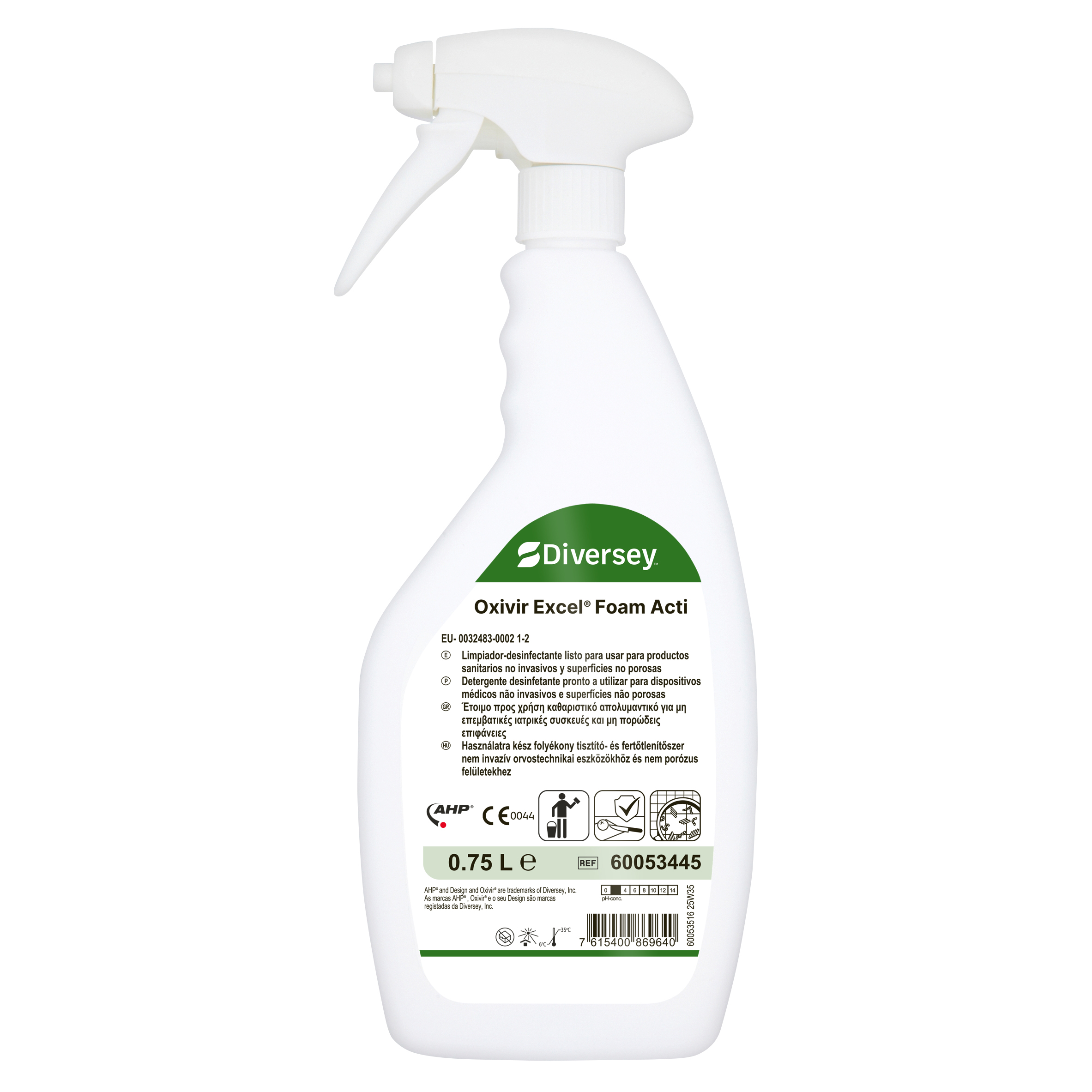 Oxivir Excel Foam Acti 6x0.75L - Detergente desinfetante pronto a usar para superfícies duras não porosas e dispositivos médicos não invasivos