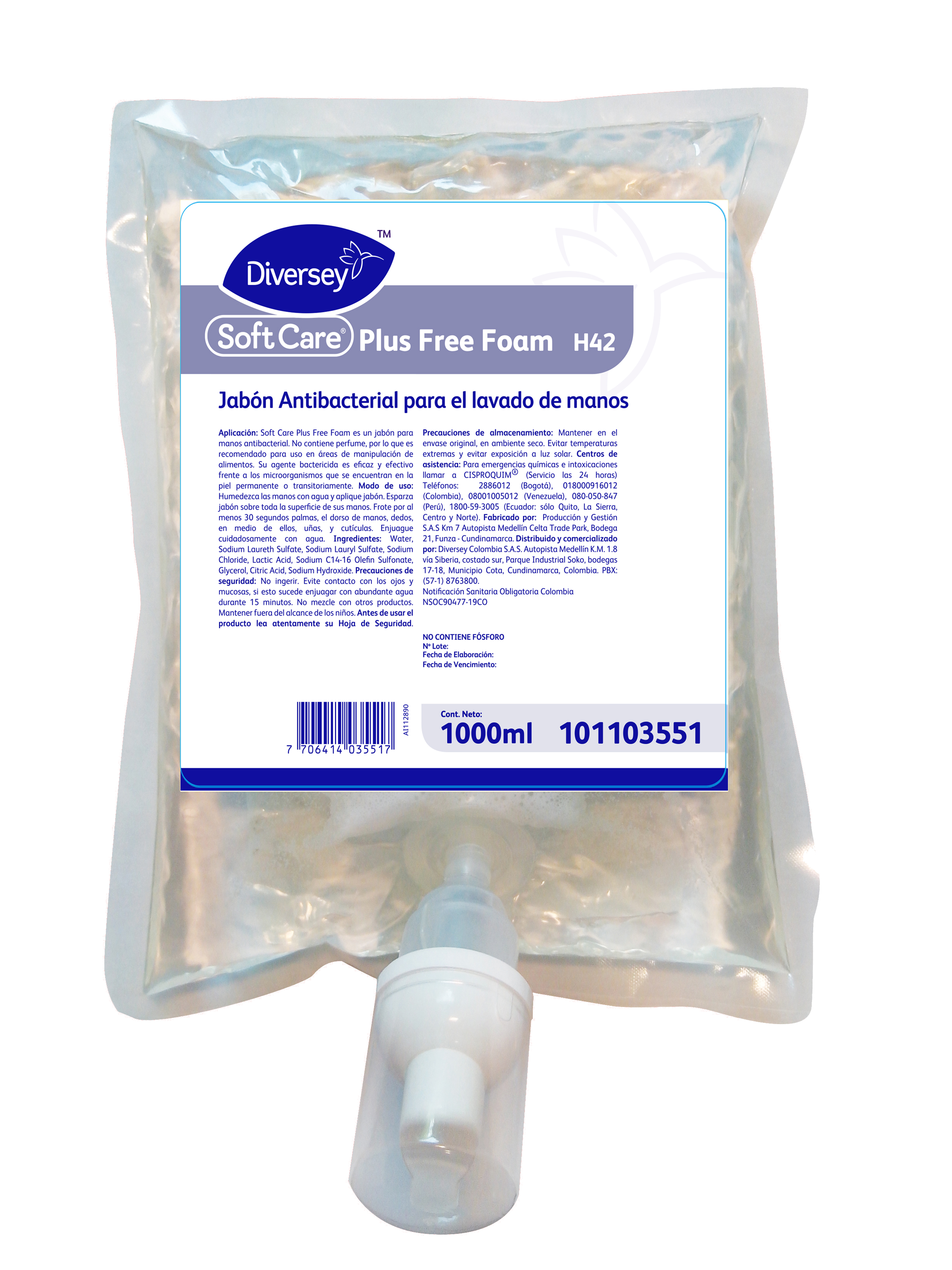 SOFTCARE PLUS FREE FOAM 6x1L - Jabón antibacterial en espuma para lavado de manos