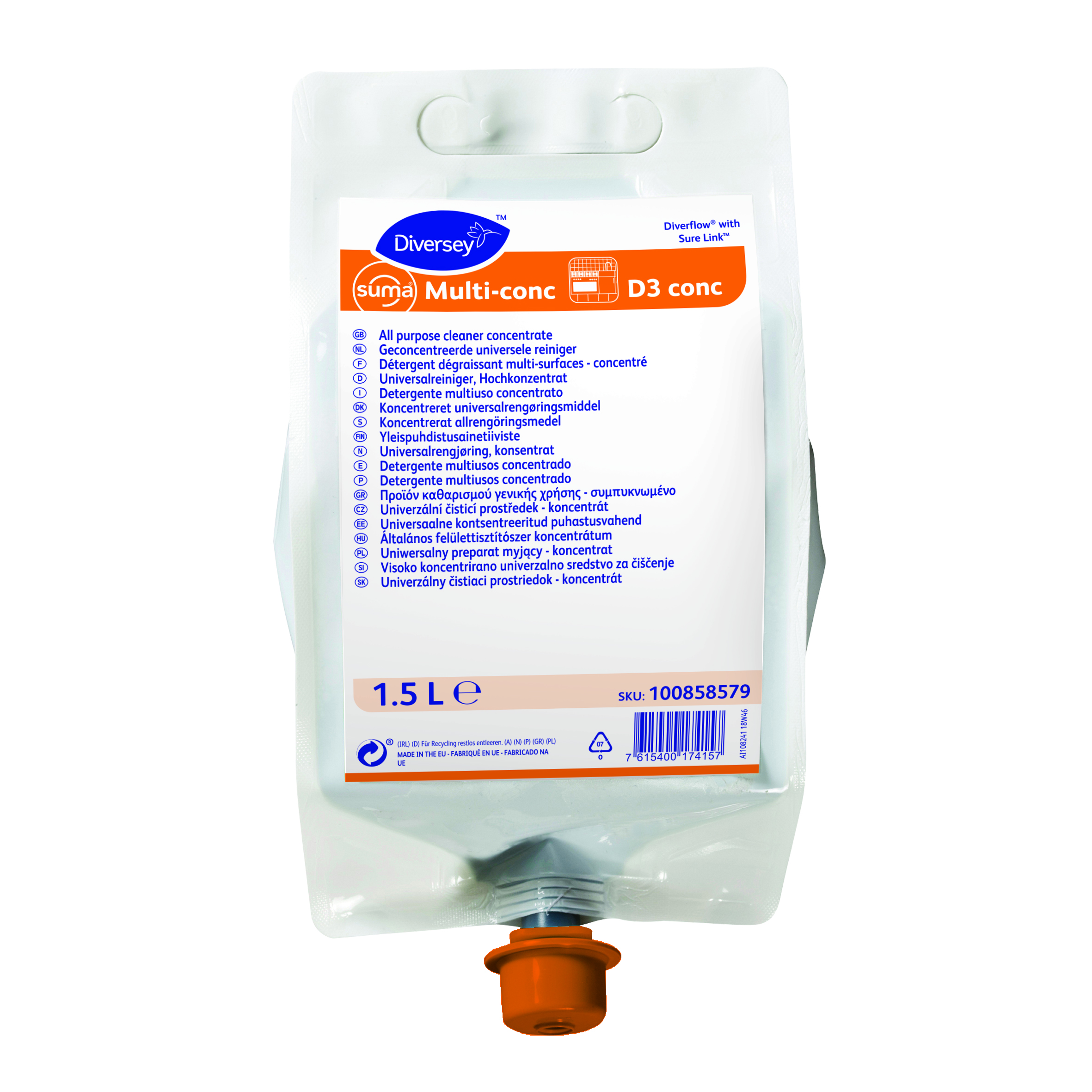 Suma Multi-conc D3 4x1.5L - Multipurpose cleaner and degreaser for catering areas, for use with Diverflow with Surelink™ system