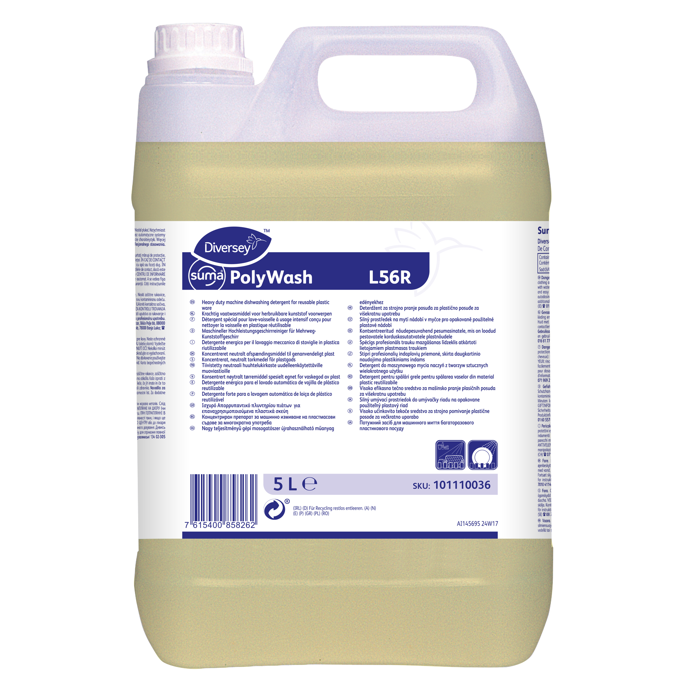 Suma Polywash L56R 2x5L - Heavy duty machine dishwashing detergent for reusable plastic ware