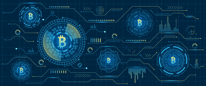 Mining Bitcoin Cryptocurrency, Digital Stream. Futuristic Money. Blockchain. Cryptography