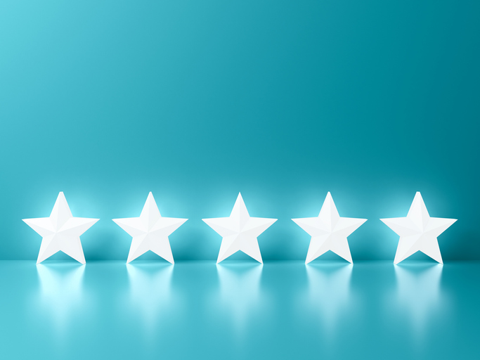 Five glowing stars standing on green blue pastel color wall background with reflections and shadows 3D rendering