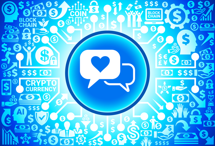 Romantic Speech Bubbles Icon on Money and Cryptocurrency Background