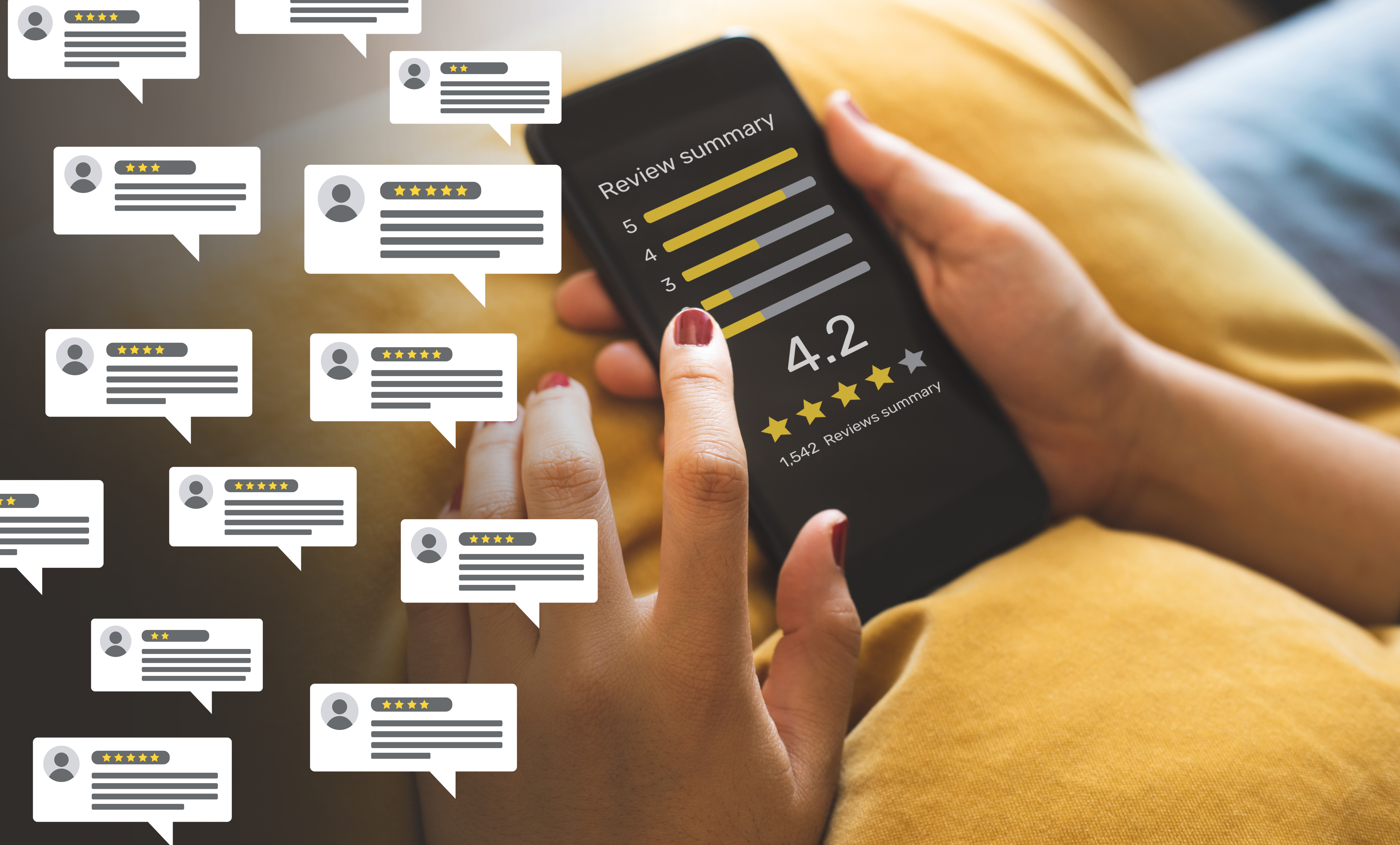woman's hand scrolling a cell phone with review texts popping up