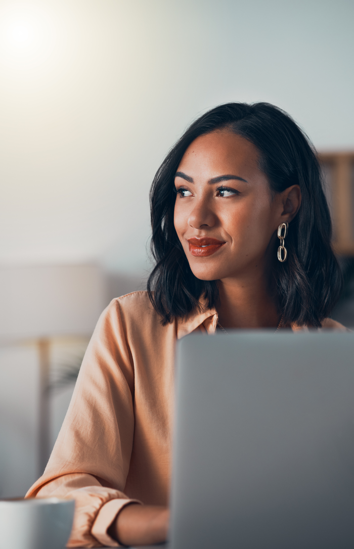 Thinking business woman, freelancer and entrepreneur working remote from home on laptop with strategy, vision and mission for growth on mindset. Thoughtful blogger planning ideas and online research