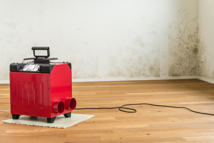 red dehumidifier in an empty apartment room