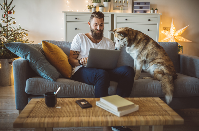 Guy on couch with dog looking at his laptop