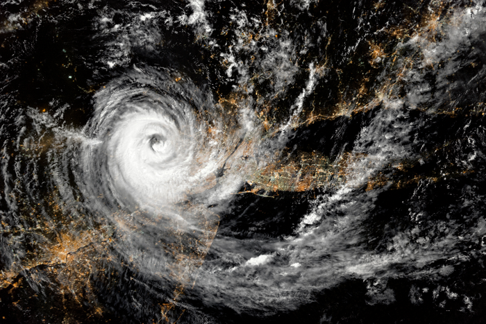 Hurricane over North America at night. United States. Canada. Aerial view. Elements of this image furnished by NASA.