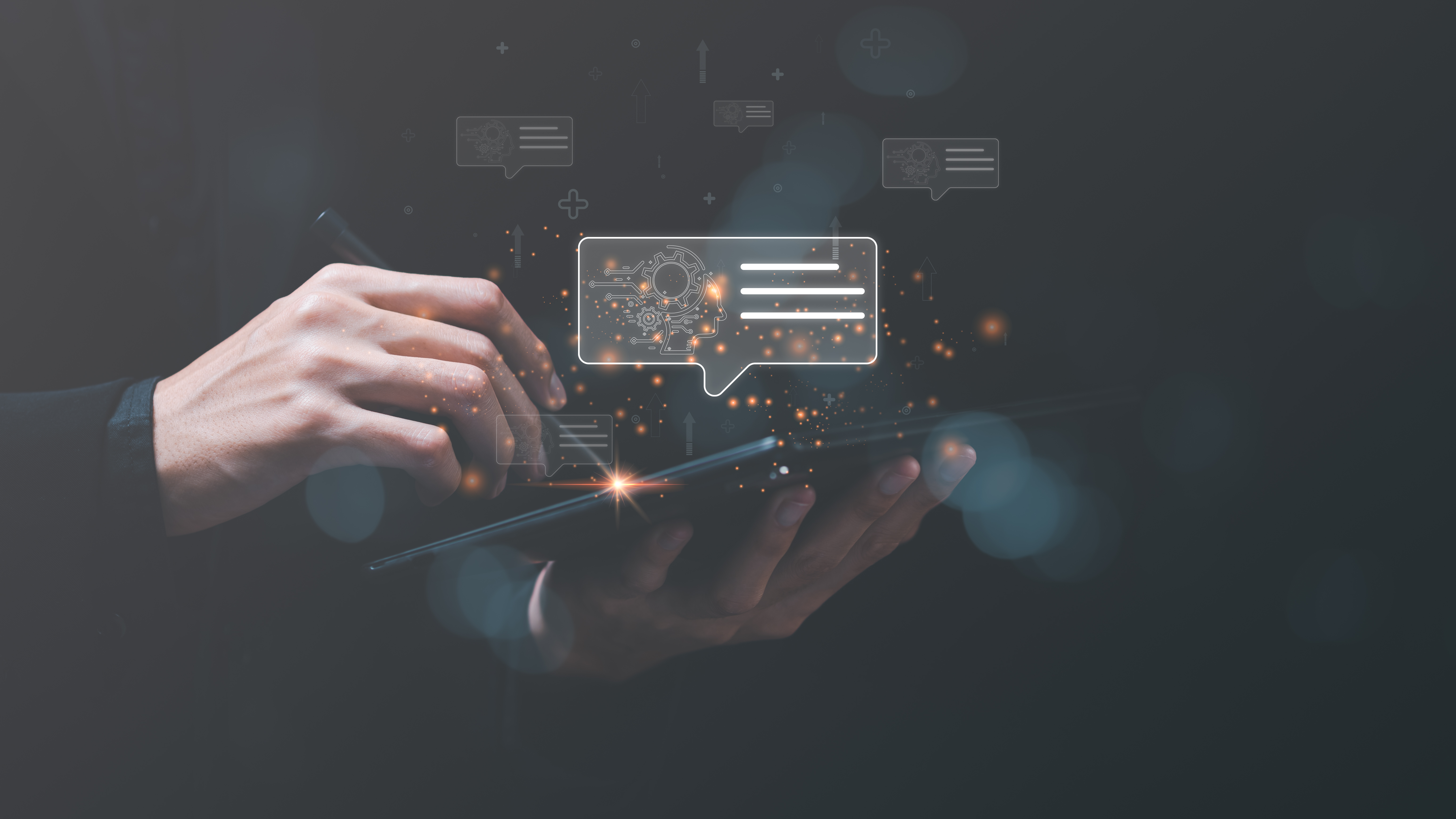 Businessman working on a tablet ,artificial intelligence ,Communication and interaction with technology ,Big data collection to process results ,Chatbot Chat with AI ,A.I. ,robot application