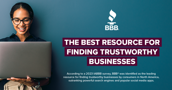 BBB the best resource for finding trustworthy businesses woman with laptop smiling BBB logo