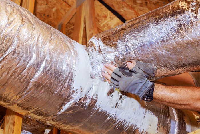 Installation new HVAC ventilation system, air duct pipeline for construction of a new house